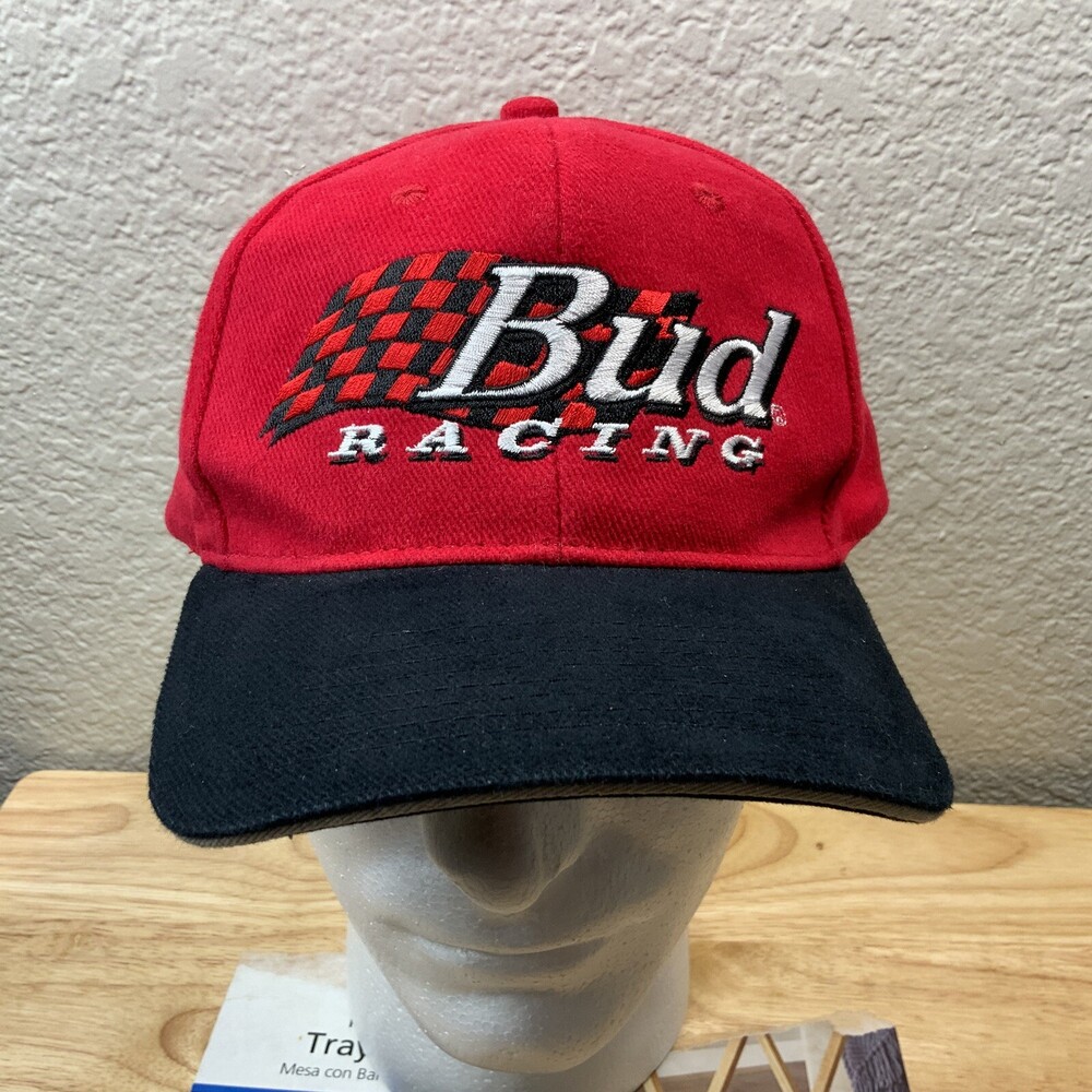 Vintage Bud Racing Adjustable Hat Cap Budweiser Men NASCAR Red Black